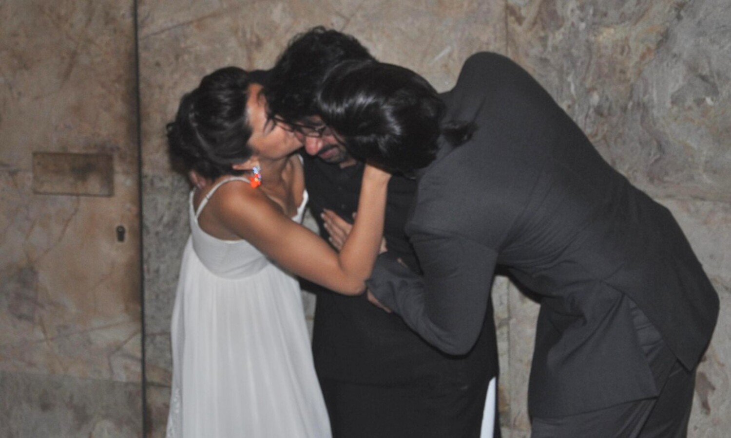 Deepika Padukone and Ranveer Singh kissing Sanjay Leela Bhansali at